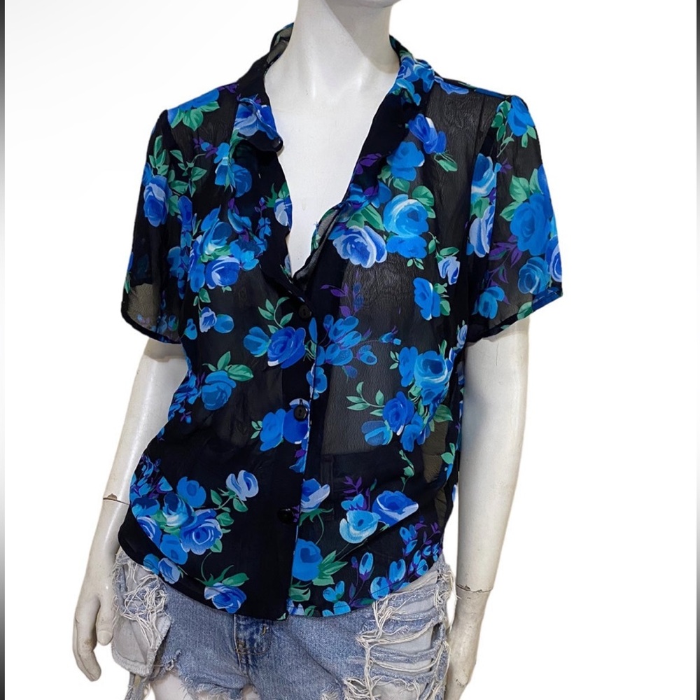 Vintage Y2K Sheer Floral Print Boxy Button Up Blouse Sz 16